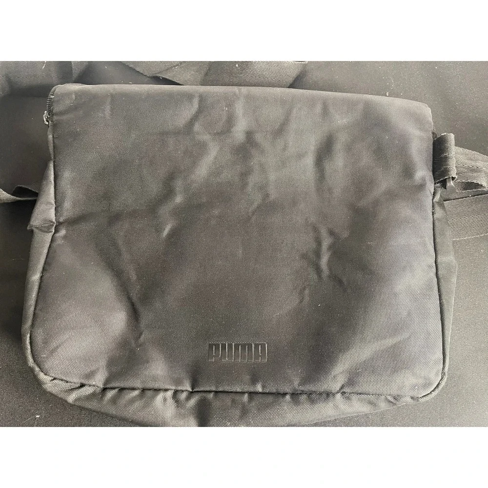 Puma Messenger Bag Black Canvas Leopard Print Accent Crossbody‎ Adjustable Strap